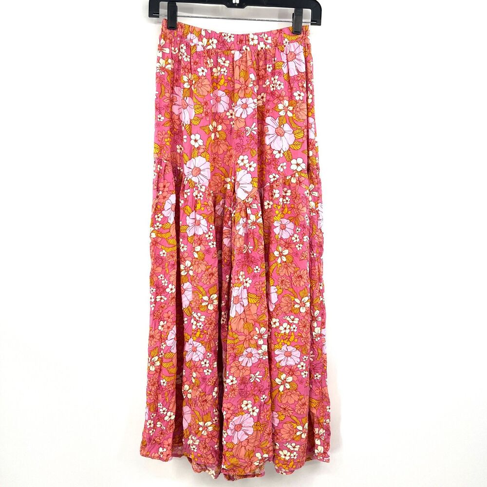 HYFVE Pink Floral Tiered Wide Leg Pants Boho Retro 70s Rayon Womens S Elastic Wa